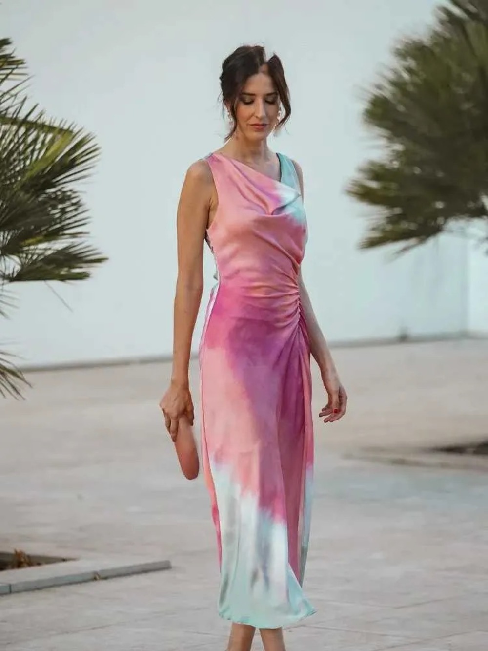 Zara Tie Dye Print Satin Midi Dress Pink Sage Cowl Neck Ruched Slit NWT Small - Picture 2 of 6